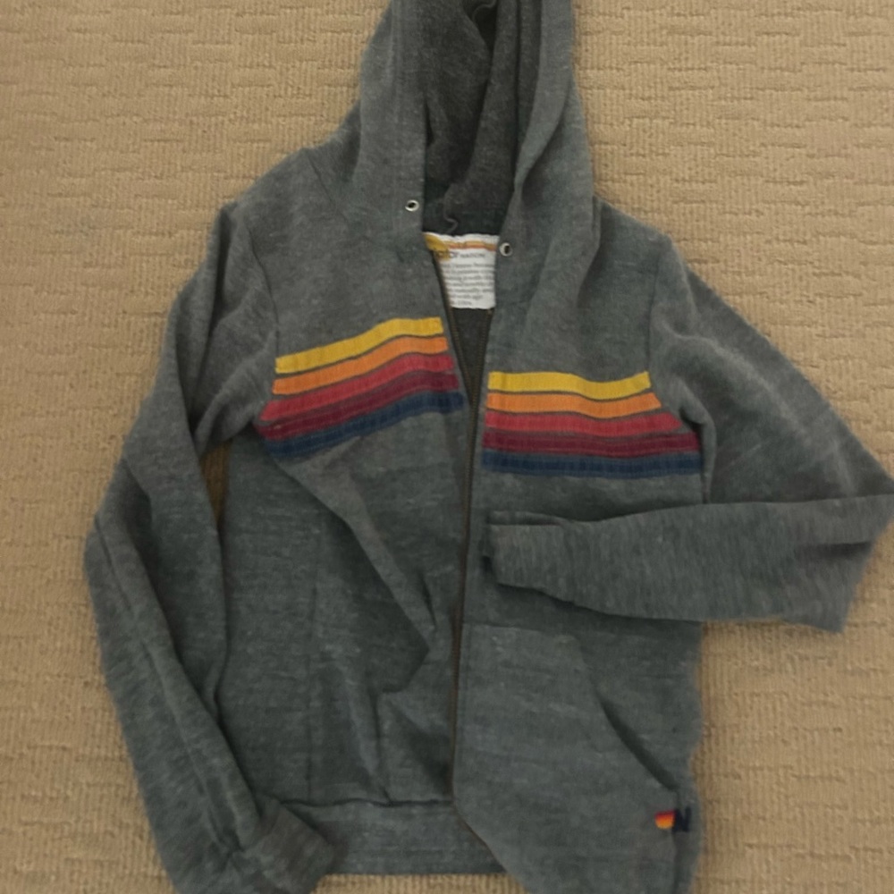 Aviator Nation Kids Gray Hooded Zip Sweater with Multicolor Stripe